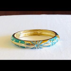 Vintage Gold Sunburst Teal Enamel Bangle Bracelet